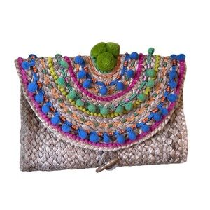 NEW America & Beyond Pom Pom Jute Colorful Beach Party Cocktail Clutch Bag